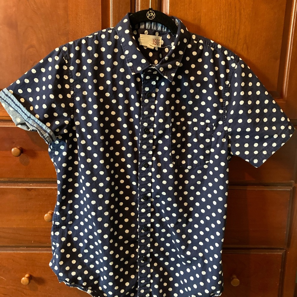 Blue with white Polk a dot button up